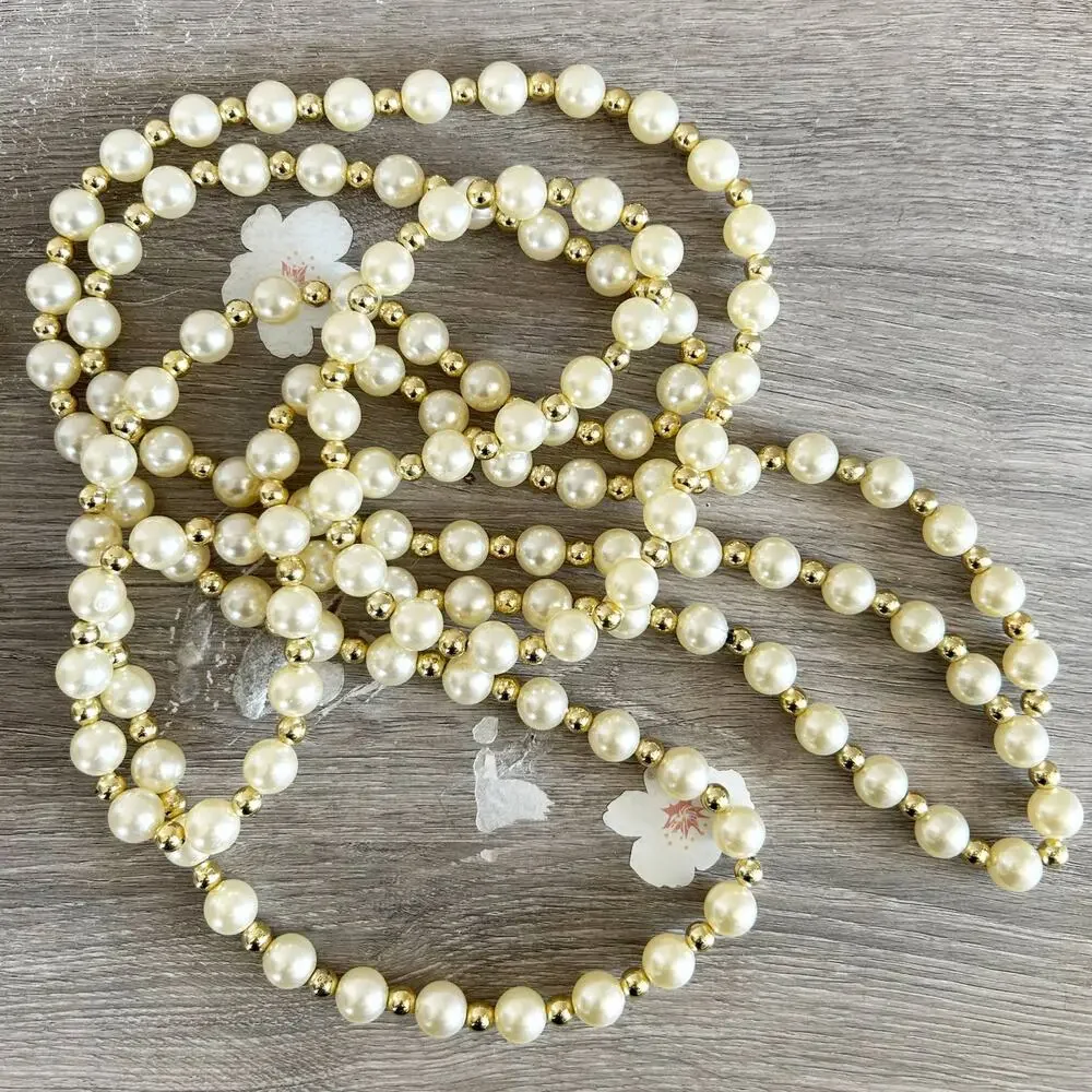 Vintage Set of 2 9’ Long Faux Pearl and Gold Bead Christmas Tree Garland EUC